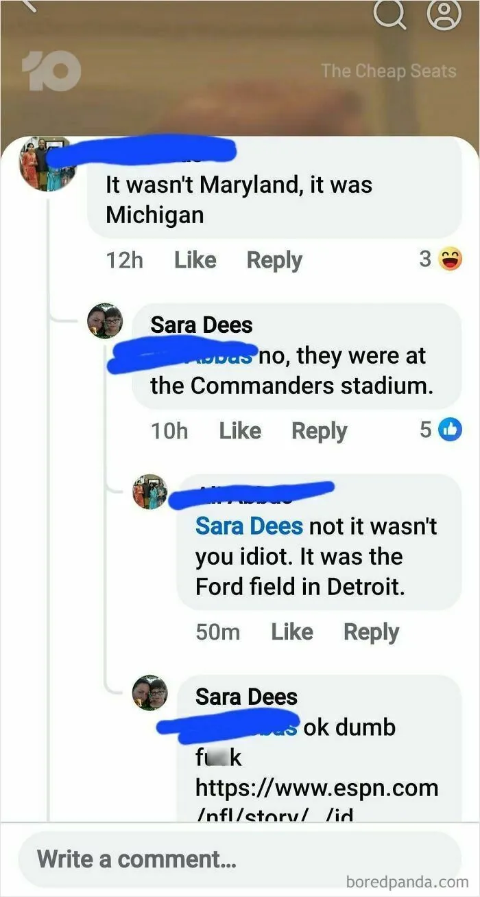 A social media screenshot capturing an iconic self-burn where users argue about the location of a sports stadium and the correct team.