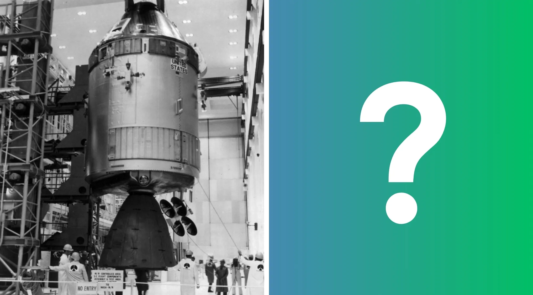 Black and white photo of a historic space mission vehicle next to a green background with a question mark. Guess the historic events!