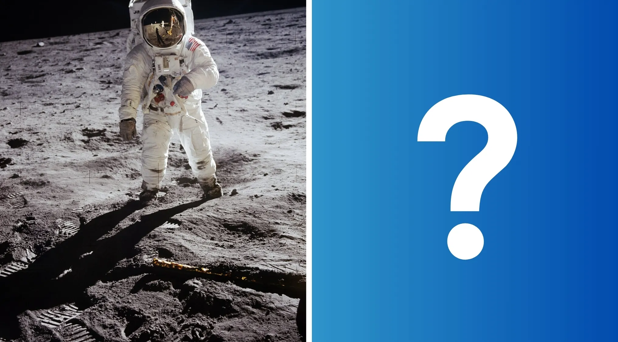 An astronaut on the moon during the Apollo 11 Moon landing, with a large question mark beside it.