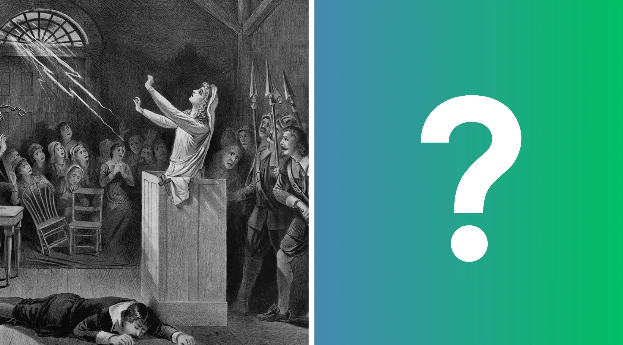 An old illustration of a woman on trial, depicting the 1692 Salem witch trials in Massachusetts, with a question mark.