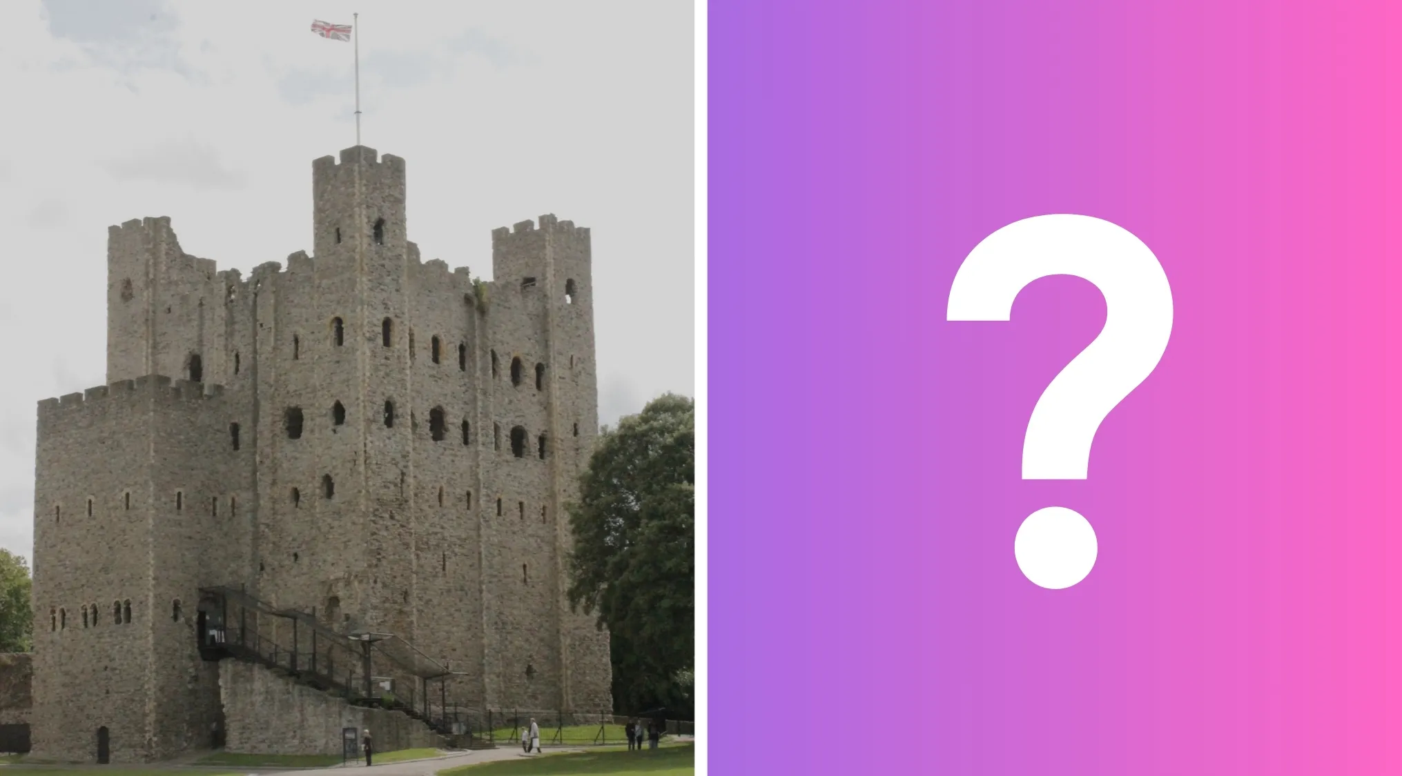 Rochester Castle, with a question mark. Film portrays 1215 Siege of Rochester Castle.