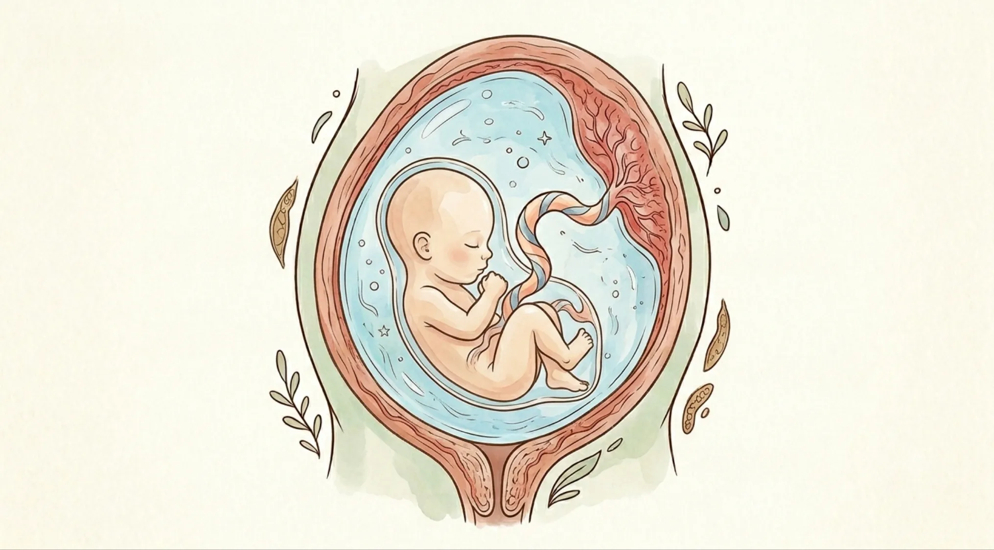 An illustration of a fetus in a fluid-filled sac, depicting the protective amniotic sac surrounding a developing fetus.