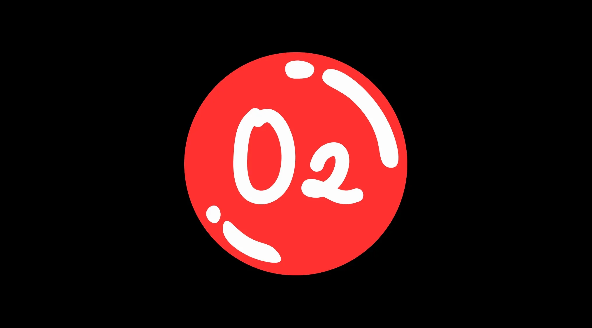 A red circle with white O2, representing oxygen, on a black background. Relates to basic medical knowledge quizzes.
