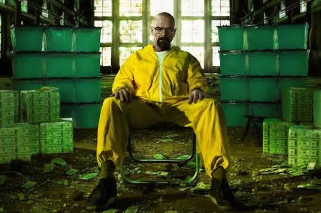 Walter White from Breaking Bad, in a yellow suit, surrounded by stacks of money and blue meth.