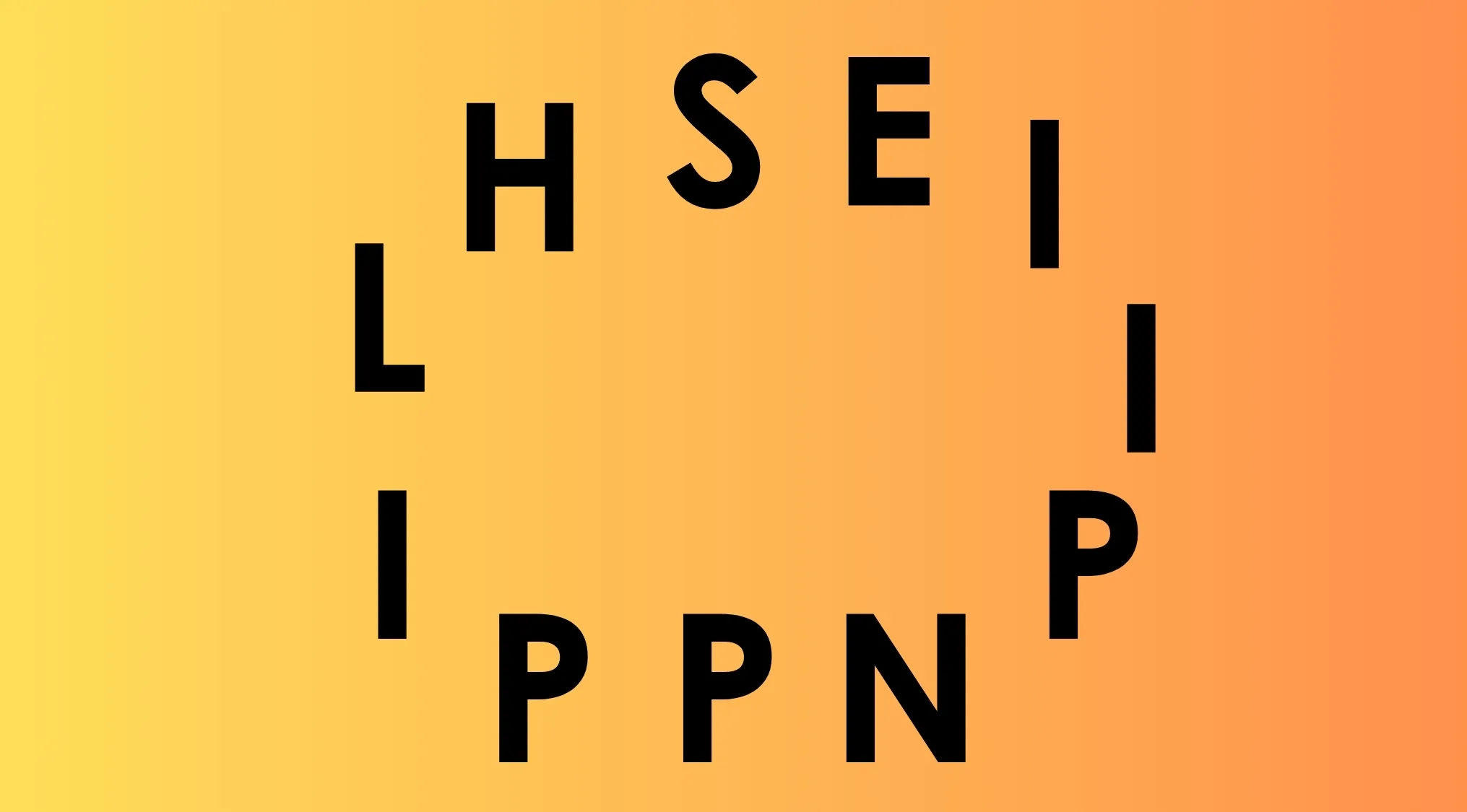 A vibrant orange and yellow gradient background with black letters H, S, E, I, L, P, I, P, P, N arranged in an oval, a guess the country challenge.