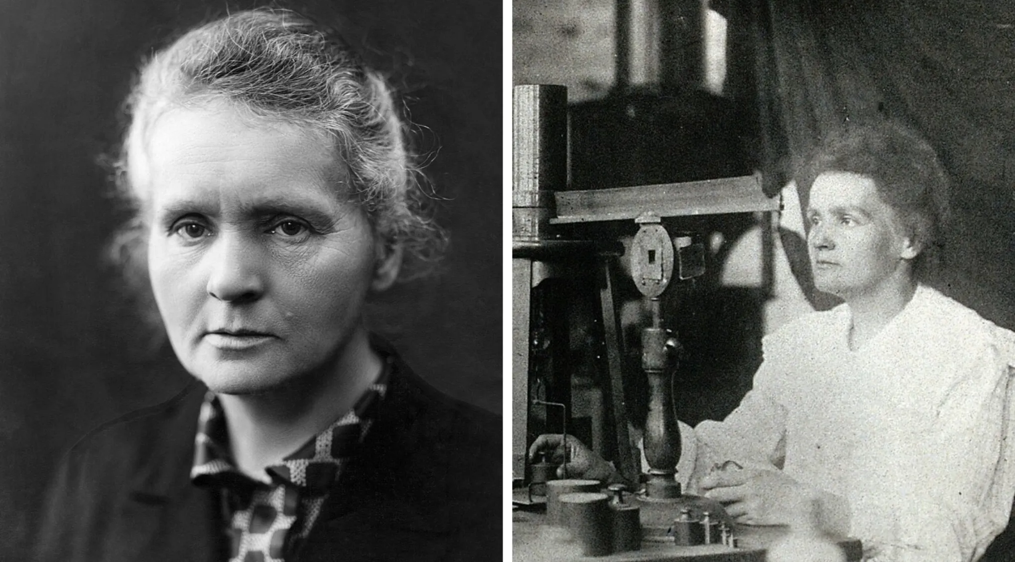 Two black and white photos of Marie Curie. One close-up portrait, and another with Pierre Curie, a famous scientist.