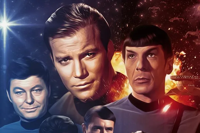 A collage of Star Trek characters, including Captain Kirk and Spock, set against a space background.