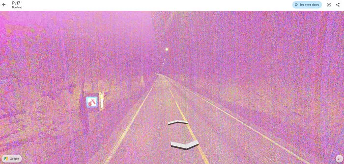 A bizarre Google Street View photo showing a road at night with intense pink and purple noise overlaying the image.