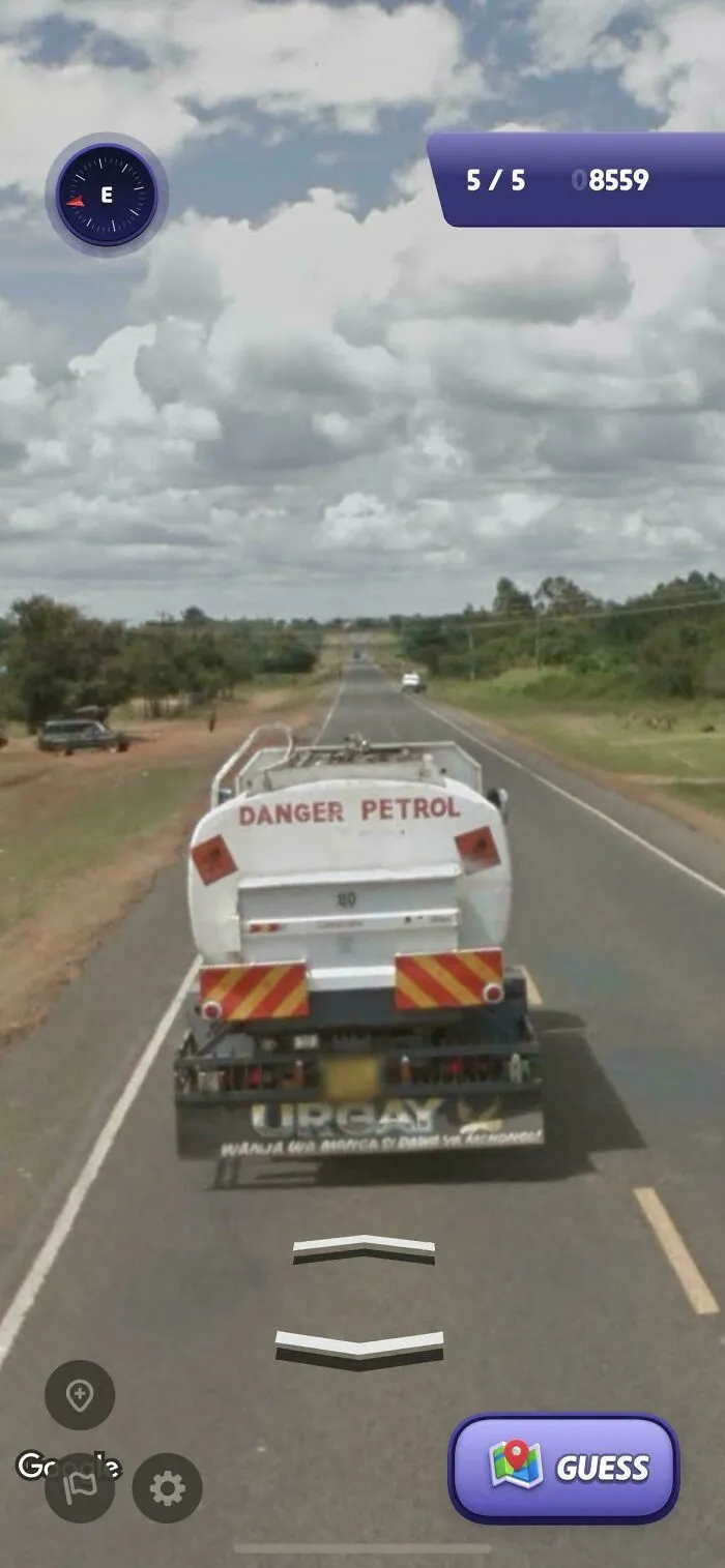 A tanker truck with DANGER PETROL on the back, seen on Google Street View, highlights a bizarre scene.