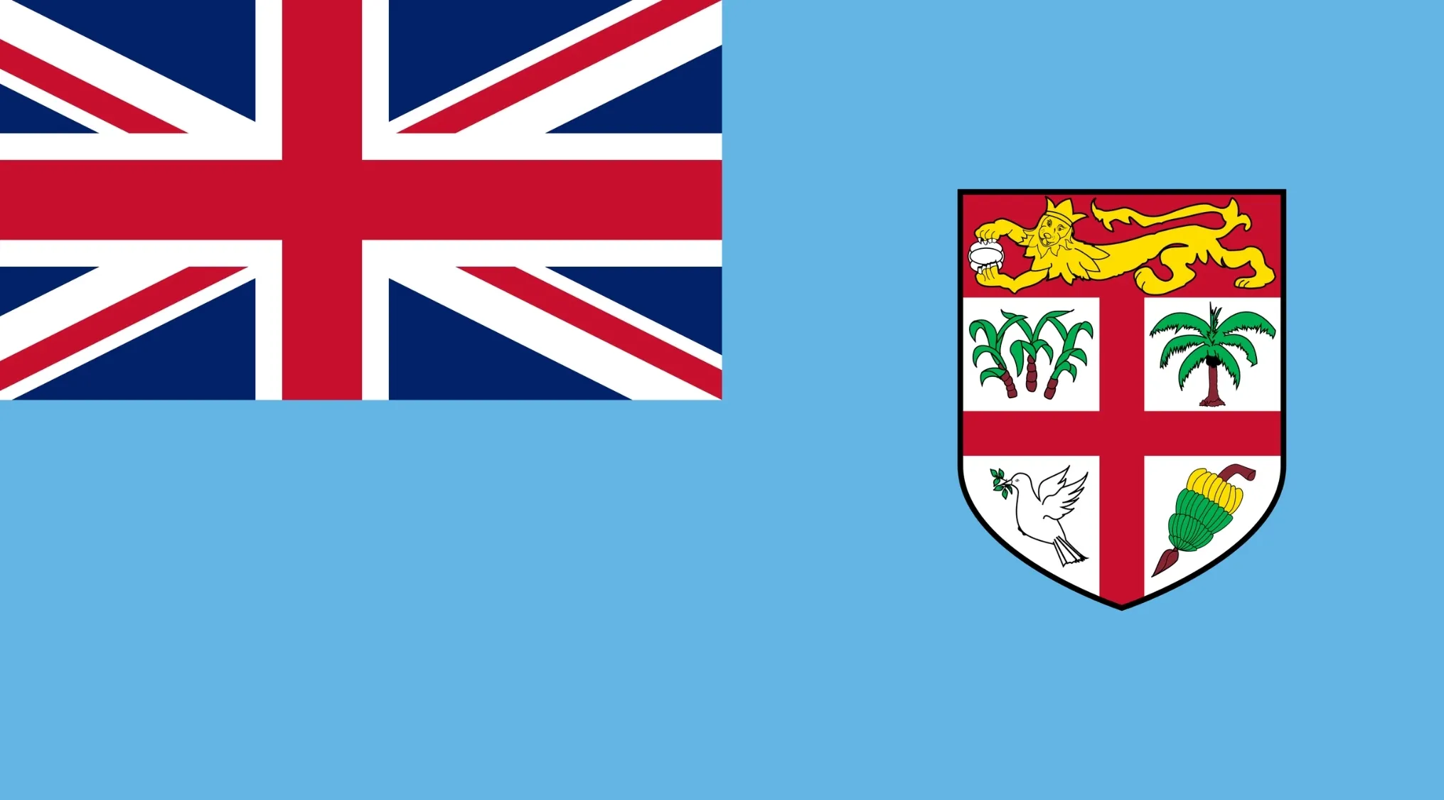 Guess the country by the flag: The flag of Fiji, a light blue field with the Union Jack and a shield. Identify the island country.