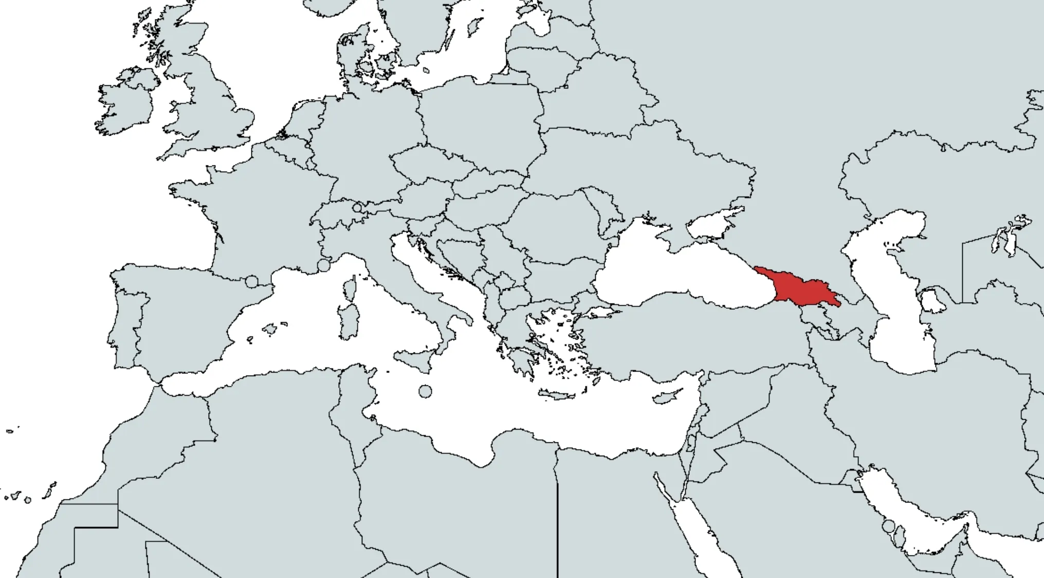 A map of Europe and Asia with Georgia highlighted in red. Guess the country.