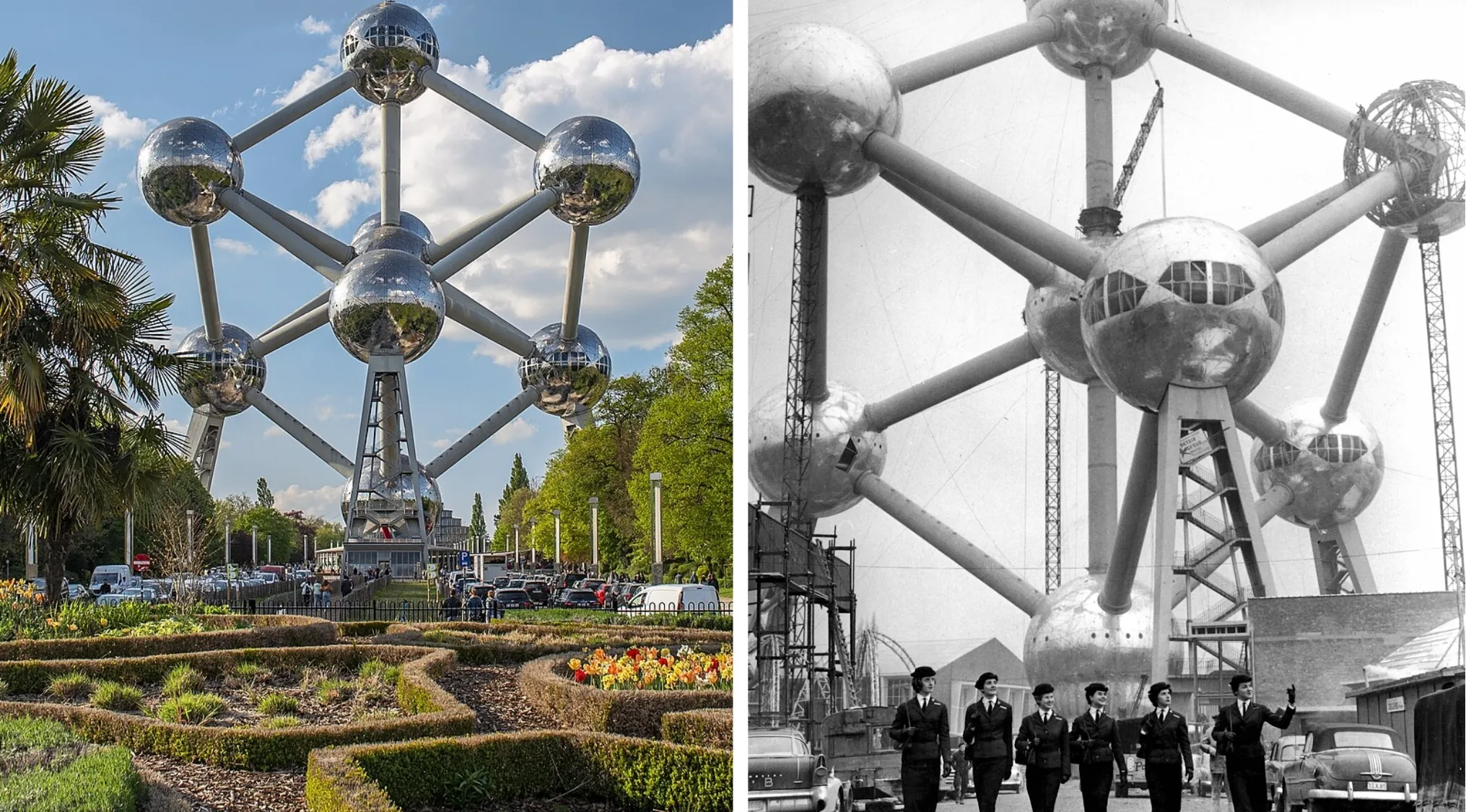 A split image of the Atomium landmark, showing its completed modern state and its construction phase with workers. Guess the Country.