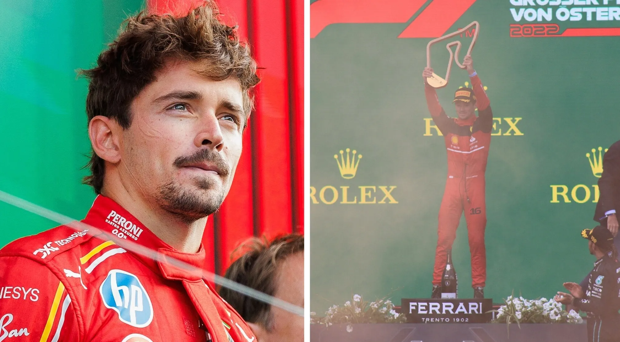 A split image showing F1 driver Charles Leclerc. Left: a close-up of his face. Right: Leclerc on a podium, holding a trophy.