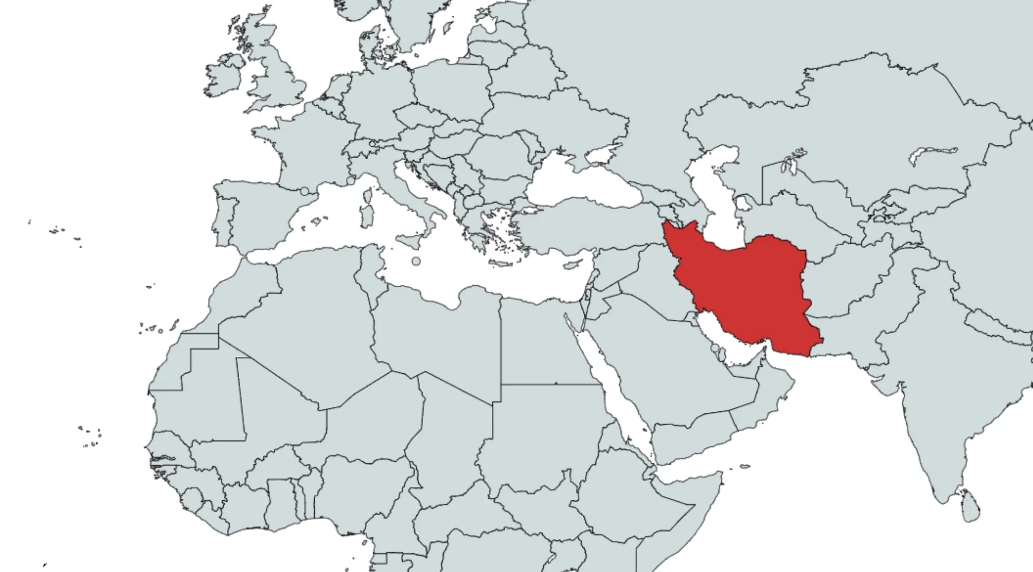 A map of Europe, Africa, and Asia, highlighting Iran in red. Guess the country in this map puzzle.