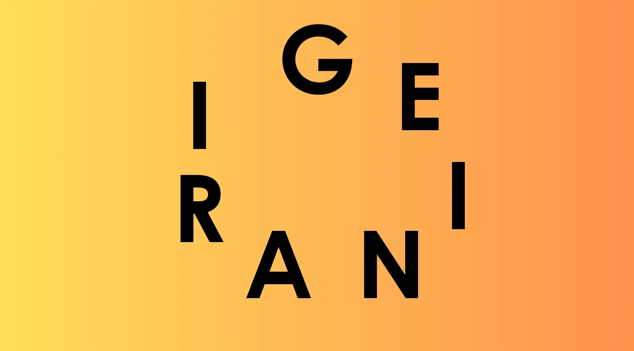 Scrambled letters I, G, E, R, A, N on an orange-yellow gradient background for a Guess the Country game.