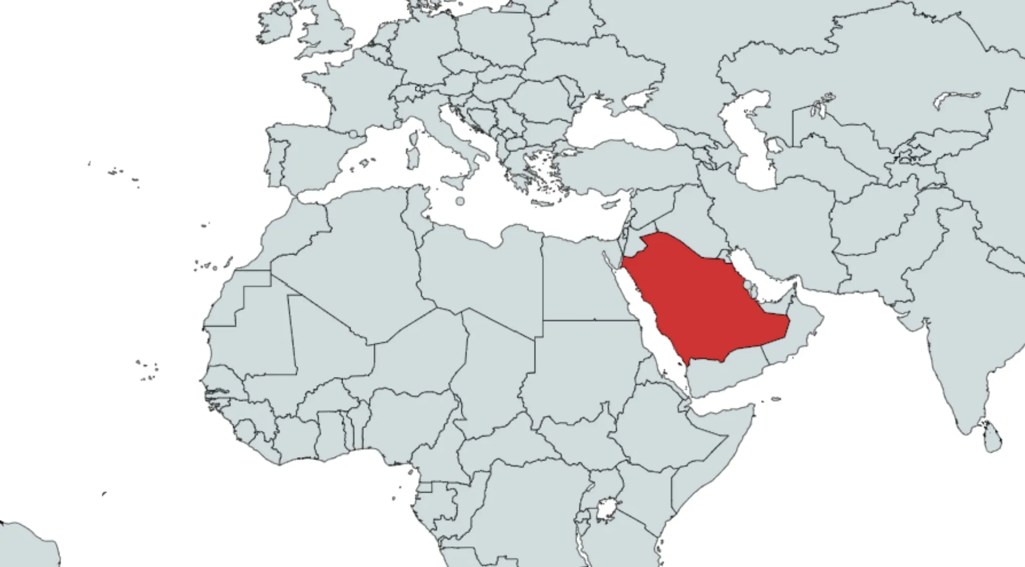 Map of Europe, Africa, and Asia, with Saudi Arabia highlighted in red. Guess The Country.