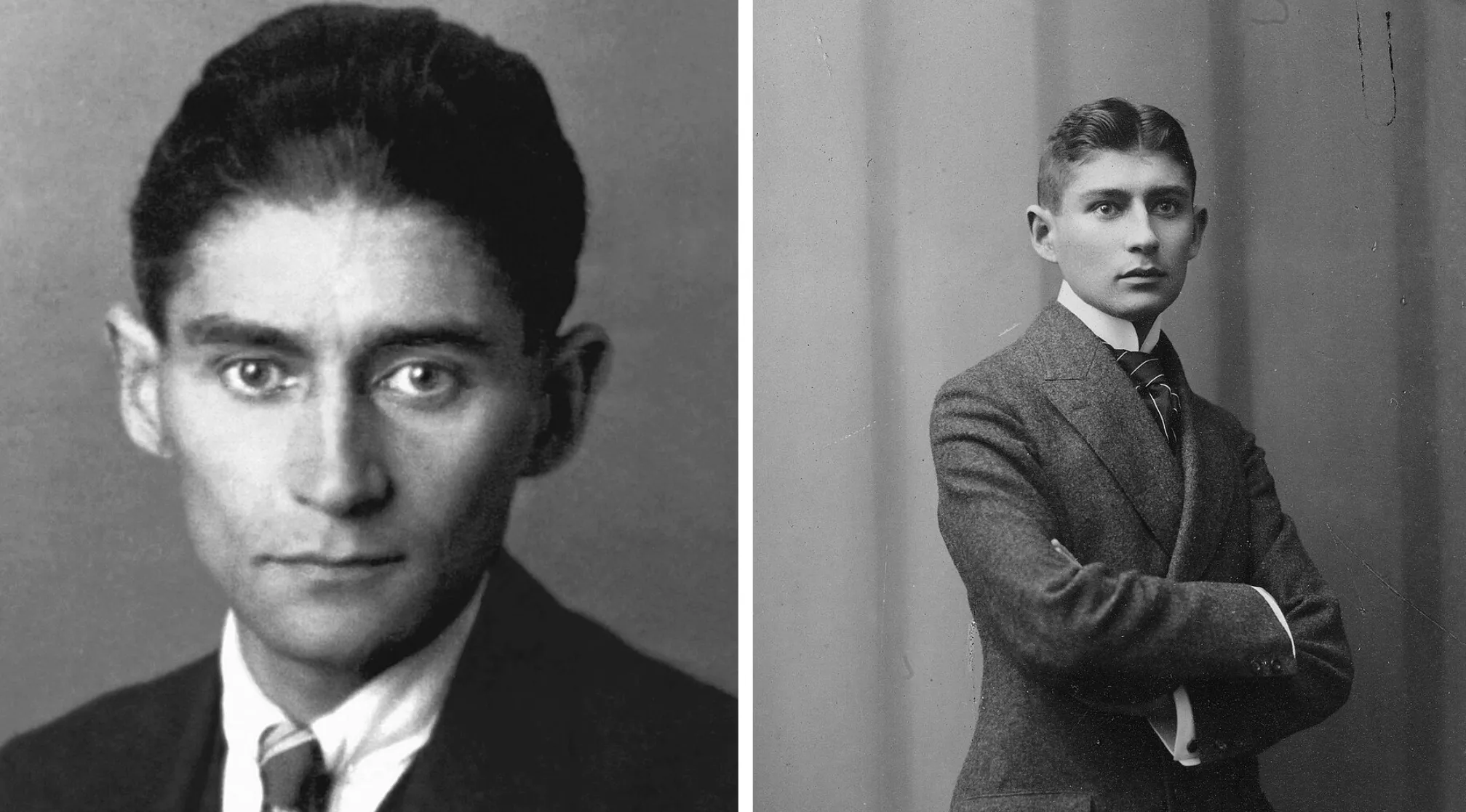 Black and white images of Franz Kafka. A close-up of his face and a full portrait of him in a suit. Guess the country from this iconic writer.