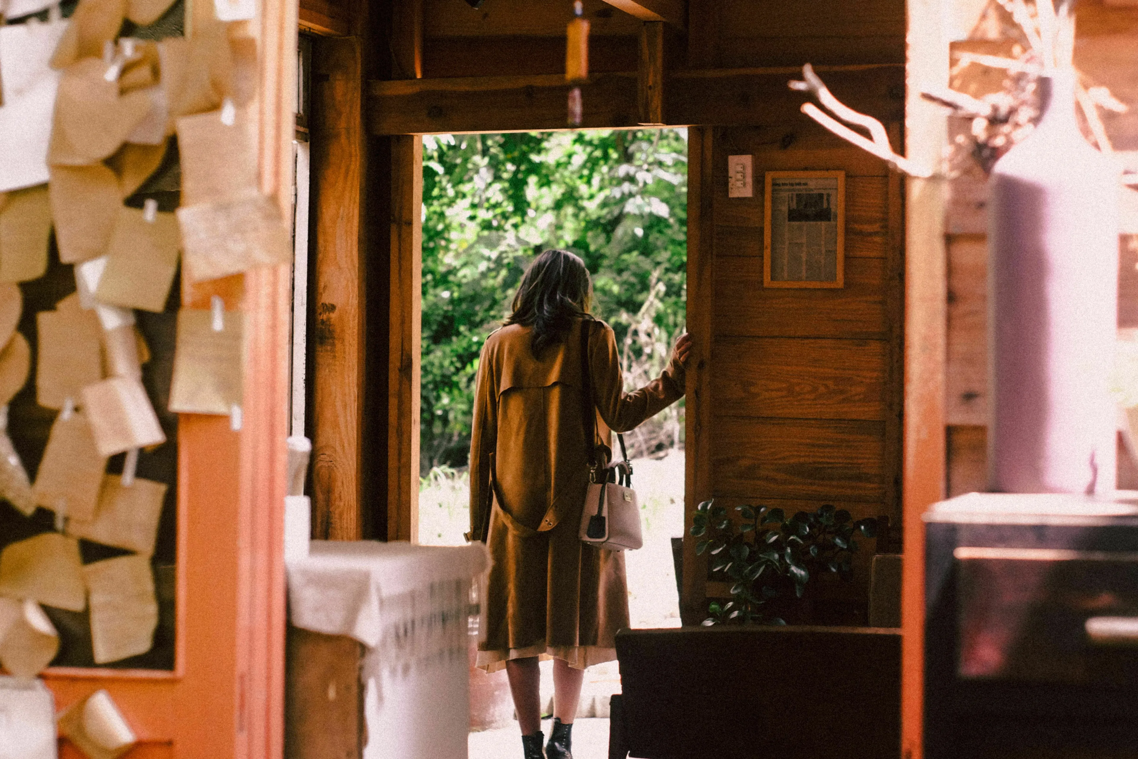 A woman in a brown dress, with her back to the camera, is about to walk out a door, symbolizing bravery and leaving the house.
