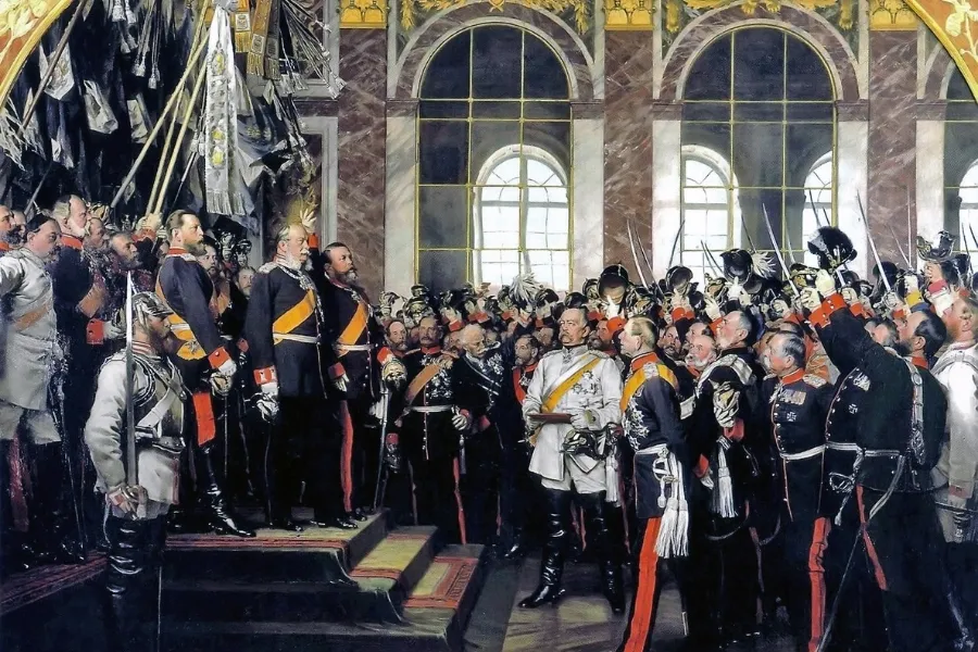 A grand hall filled with men in military uniforms, celebrating the unification of Germany, with a central figure on a raised platform.