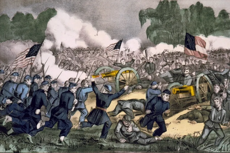 A chaotic American Civil War battle scene with soldiers in blue and gray uniforms fighting and cannons firing.
