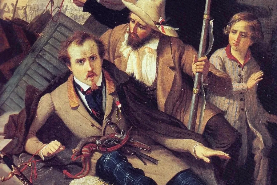A painting of Italian figures in historical dress, with a man holding a pistol, depicting the unification of Italy.