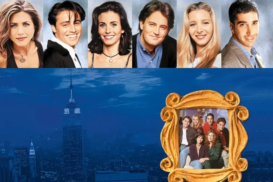 Friends TV show cast and logo, showcasing the iconic sitcom for its premiere.
