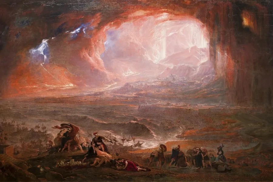 A dramatic painting depicting the fiery eruption of Mount Vesuvius over Pompeii, with figures fleeing.