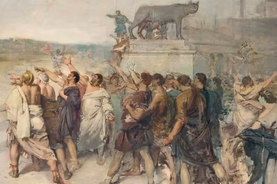 A painting showing a crowd of people gathered around a statue of a wolf and twins, symbolizing the founding of the Roman Republic.
