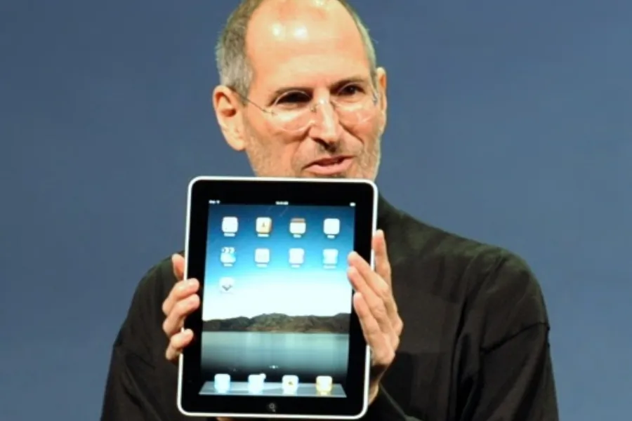 Steve Jobs unveils the very first iPad, a revolutionary Apple tablet device.