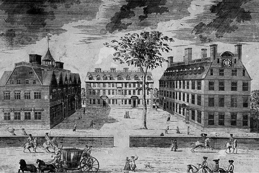 An engraving of Harvard University campus, showing the institution established.