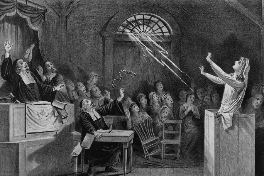 An illustration depicting a dramatic scene from The Salem Witch Trials.
