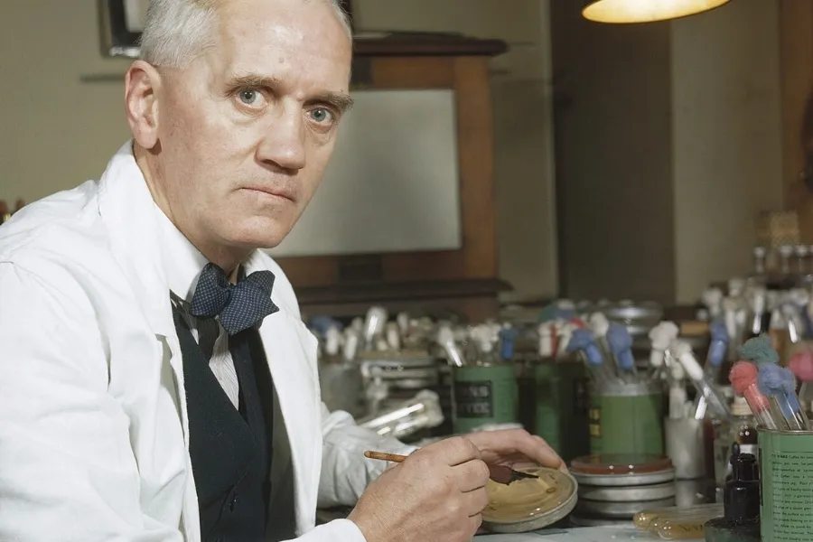 A man in a lab coat and bow tie examining a petri dish, representing the Discovery of Penicillin.