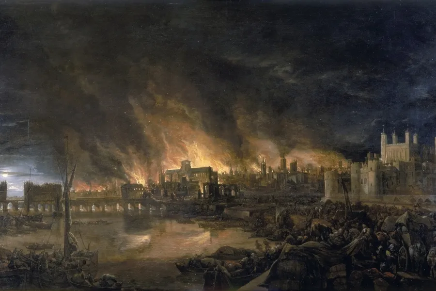 An oil painting depicting The Great Fire of London with flames engulfing numerous buildings and smoke filling the sky.