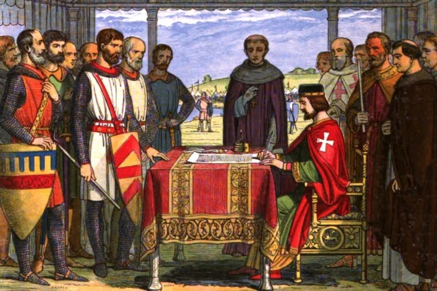 An illustration of the signing of the Magna Carta, with King John at a table surrounded by barons and clergymen.
