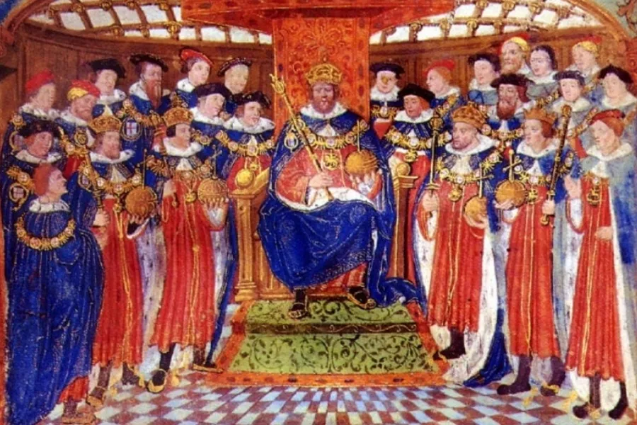 A vibrant painting of the coronation of King Henry VIII, showing him enthroned, surrounded by robed figures.