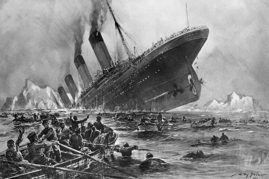 Dramatic black and white illustration of the sinking of the Titanic, a grand ship tragically plunging into icy waters.