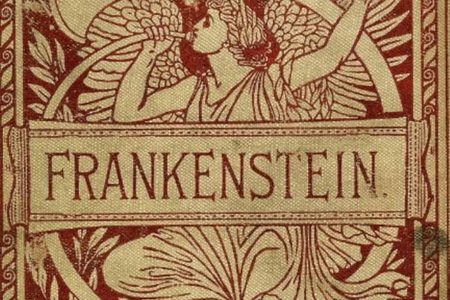 Close-up of the vintage cover for the publication of Mary Shelley's Frankenstein novel.