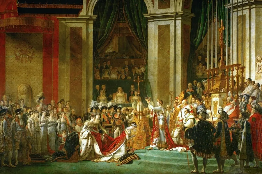 Large painting of Napoleon Bonaparte's coronation ceremony in a grand cathedral.