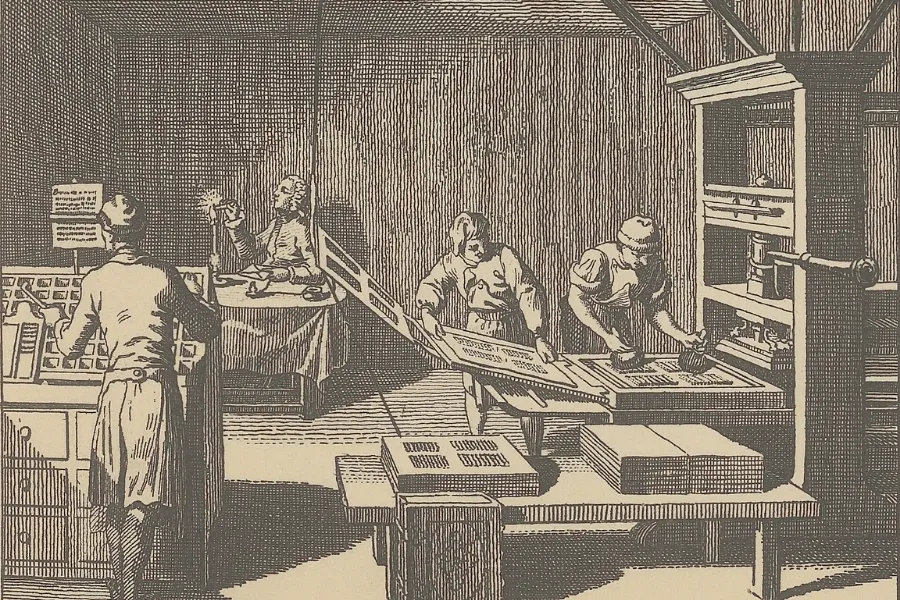 An illustration depicting men operating a printing press, highlighting the invention of the printing press by Gutenberg.