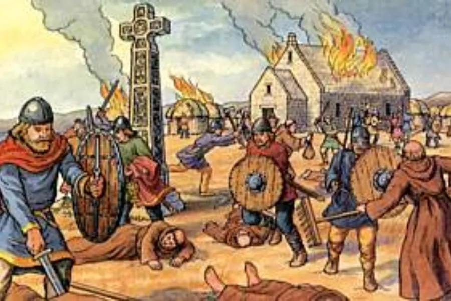 The Viking raid on Lindisfarne shows Vikings attacking a settlement with swords and shields, burning buildings.
