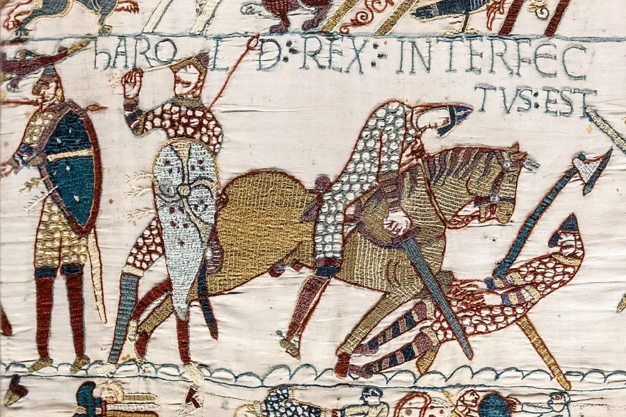 The Norman Conquest (Battle of Hastings) tapestry depicts King Harold being struck by an arrow during the battle.