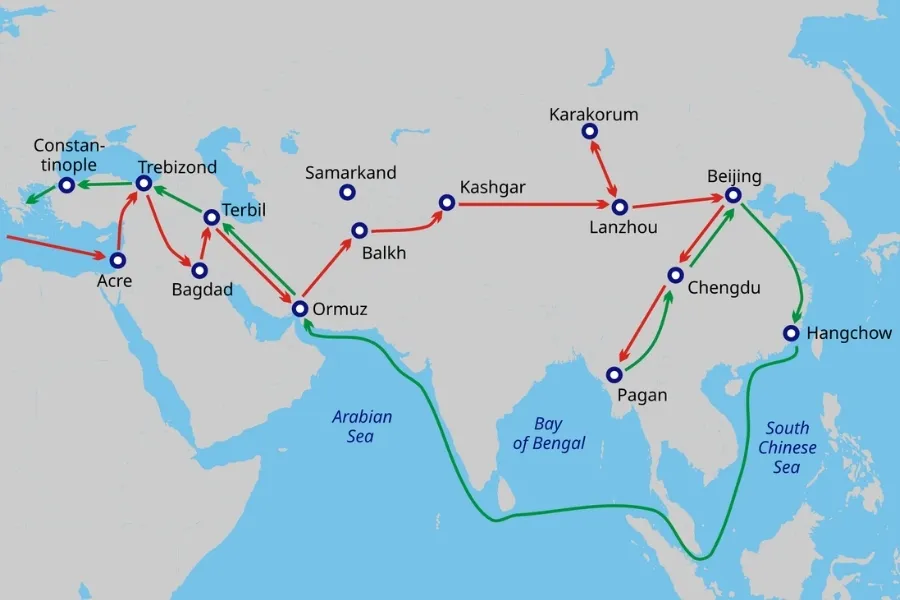 Marco Polo travels to China map illustrating the overland and maritime routes taken by the explorer.