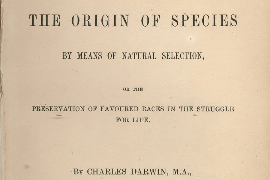 The publication of Darwin's On the Origin of Species book cover showing the full title by Charles Darwin.