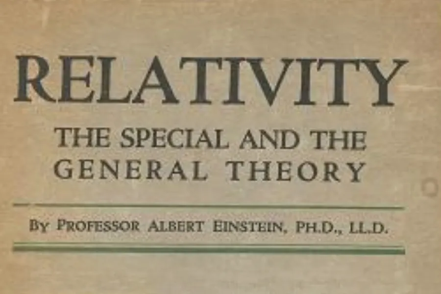 Albert Einstein publishes the Theory of Special Relativity book cover with the title Relativity by Einstein.