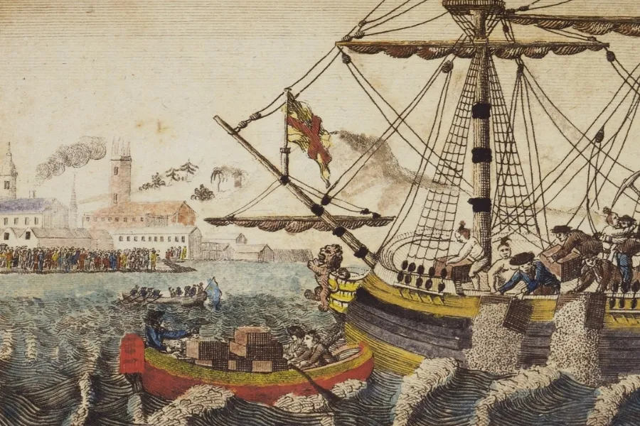 An illustration shows the Boston Tea Party, with colonists disguised as Native Americans dumping tea chests from a ship into Boston Harbor.