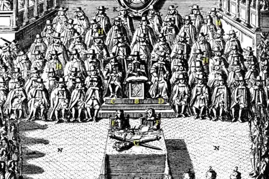 A detailed historical engraving of the trial of King Charles I, showing the king seated before a large assembly of judges and officials.