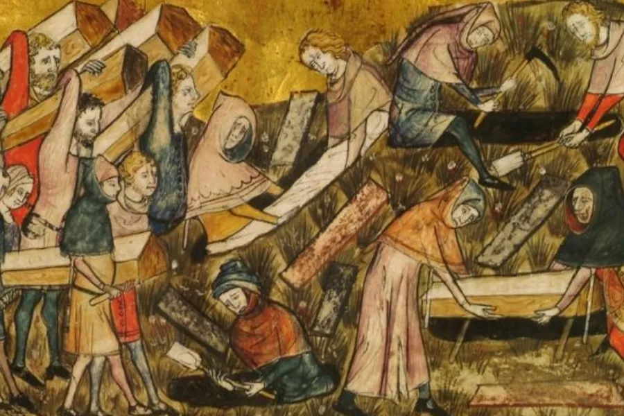A medieval illustration showing people burying plague victims, depicting the devastating impact of the Black Death in Europe during its peak.