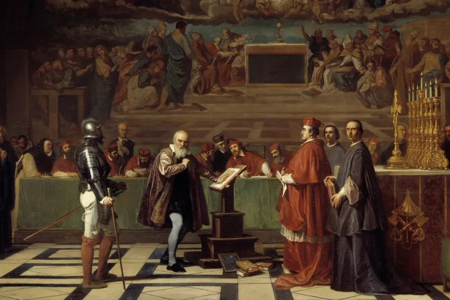 A painting depicting Galileo before the Inquisition, illustrating the event of him being placed under house arrest.