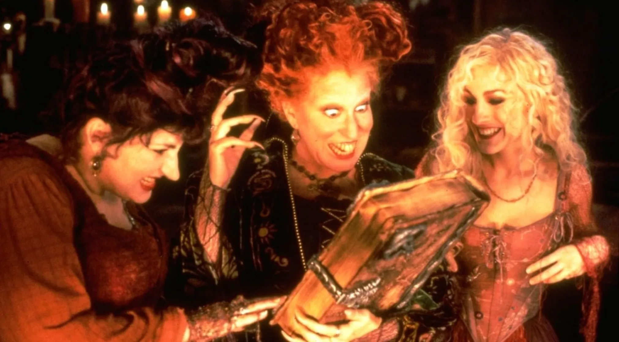 Three famous witches, from the 80s & 90s, looking at a spellbook. General movie trivia, guess the movie.