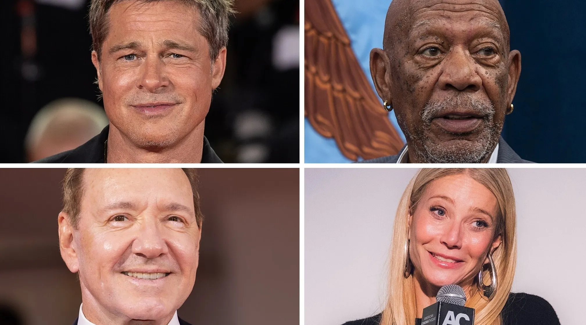 Close-up headshots of Brad Pitt, Morgan Freeman, Kevin Spacey, and Gwyneth Paltrow for 80s & 90s General Movie Trivia.